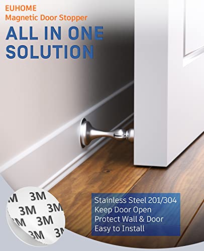 Door Stopper,Magnetic Door Stop,EUHOME 1 Pack Stainless Steel 201 Door Catch Holder,Magnetic Door Stopper,No Drill Doorstop with 3m Self Adhesive Tape,Screws for Wall & Floor Mount,Hold Door Open