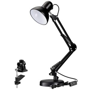 TORCHSTAR Metal Desk Lamp, Swing Arm Desk Lamp with Clamp, Adjustable Goose Neck Architect Study Table Lamp, Clip On Eye-Caring Reading Lamp for Home, Office, Multi-Joint, Black Finish