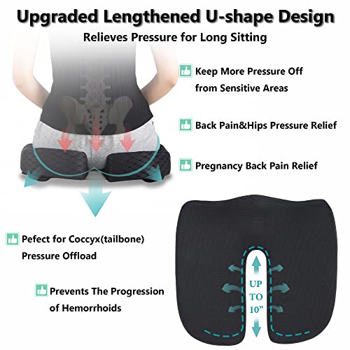 Upgraded Seat Cushion Pillow for Tailbone Pain Relief -Longer U-Cutout,Memory Foam Coccyx Seat Cushion for Office Chair,Car Seat Cushion,Computer Desk Sciatica & Back Pain Relief Pad