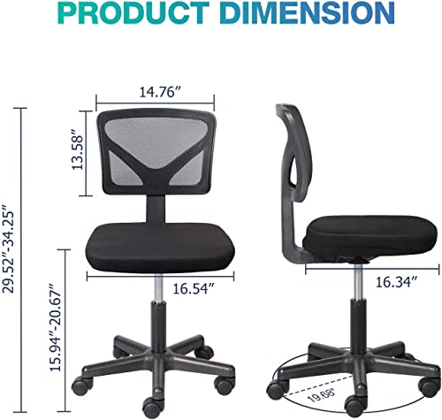 Ergonomic Home Office Desk Chair, Adjustable Armless Computer Chair with Lumbar Support, Small Mesh Task Chair with Backrest Swivel Rolling for Study, Office, Conference Room