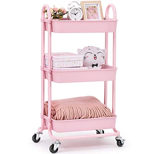 TOOLF Utility Rolling Cart with Lockable Wheels,Multi-Purpose Storage Organizer,Organizer Trolley with Handles,Serving Trolley with Mesh Basket for Home,Office,Kitchen,Bathroom (Pink)