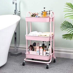 TOOLF Utility Rolling Cart with Lockable Wheels,Multi-Purpose Storage Organizer,Organizer Trolley with Handles,Serving Trolley with Mesh Basket for Home,Office,Kitchen,Bathroom (Pink)