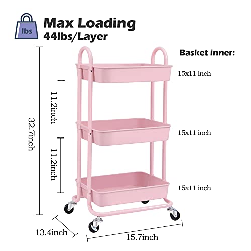 TOOLF Utility Rolling Cart with Lockable Wheels,Multi-Purpose Storage Organizer,Organizer Trolley with Handles,Serving Trolley with Mesh Basket for Home,Office,Kitchen,Bathroom (Pink)