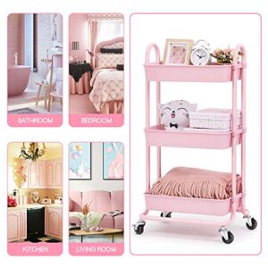 TOOLF Utility Rolling Cart with Lockable Wheels,Multi-Purpose Storage Organizer,Organizer Trolley with Handles,Serving Trolley with Mesh Basket for Home,Office,Kitchen,Bathroom (Pink)