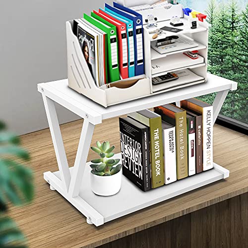 VEDECASA Retro Desktop Printer Stand 2 Double Tiers Wood Printer Shelf Modern White Wood Storage Book Shelf Organizor for Home Office Stylish Sturdy V Shaped (White)