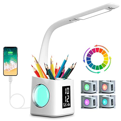 wanjiaone Study LED Desk Lamp with USB Charging Port&Screen&Calendar&Color Night Light, Kids Dimmable LED Table Lamp with Pen Holder&Clock, Desk Reading Light for Students,10W