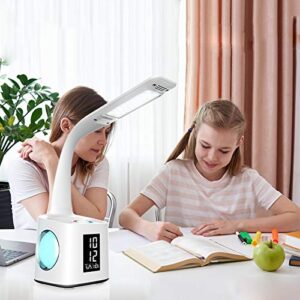 wanjiaone Study LED Desk Lamp with USB Charging Port&Screen&Calendar&Color Night Light, Kids Dimmable LED Table Lamp with Pen Holder&Clock, Desk Reading Light for Students,10W