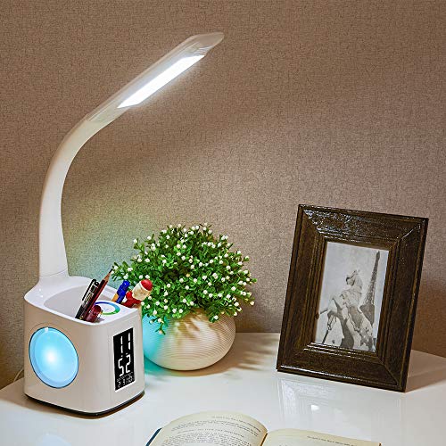 wanjiaone Study LED Desk Lamp with USB Charging Port&Screen&Calendar&Color Night Light, Kids Dimmable LED Table Lamp with Pen Holder&Clock, Desk Reading Light for Students,10W