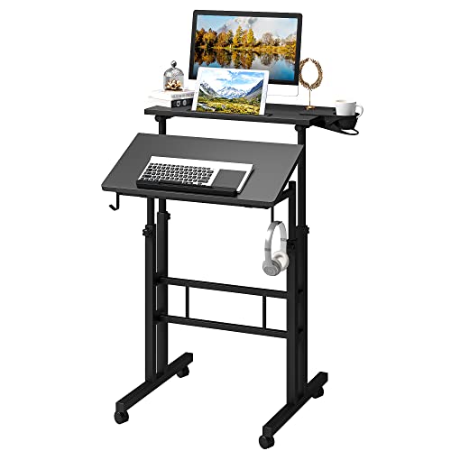 Klvied Mobile Standing Desk with Cup Holder, Portable Stand Up Desk, Adjustable Height Small Standing Desk, Rolling Desk with Wheels, Home Office Laptop Cart, Computer Desk for Standing or Sitting