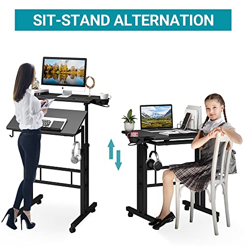 Klvied Mobile Standing Desk with Cup Holder, Portable Stand Up Desk, Adjustable Height Small Standing Desk, Rolling Desk with Wheels, Home Office Laptop Cart, Computer Desk for Standing or Sitting