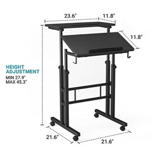 Klvied Mobile Standing Desk with Cup Holder, Portable Stand Up Desk, Adjustable Height Small Standing Desk, Rolling Desk with Wheels, Home Office Laptop Cart, Computer Desk for Standing or Sitting