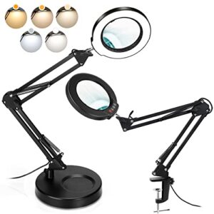 krstlv 5x magnifying glass with light and stand, upgrade button 5 color modes stepless dimmable, 2-in-1 led lighted magnifier light, hands free desk lamp with clamp for craft hobby reading close work