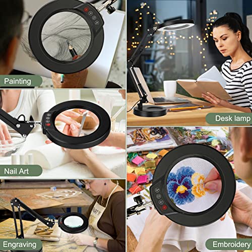 Krstlv 5X Magnifying Glass with Light and Stand, Upgrade Button 5 Color Modes Stepless Dimmable, 2-in-1 LED Lighted Magnifier Light, Hands Free Desk Lamp with Clamp for Craft Hobby Reading Close Work