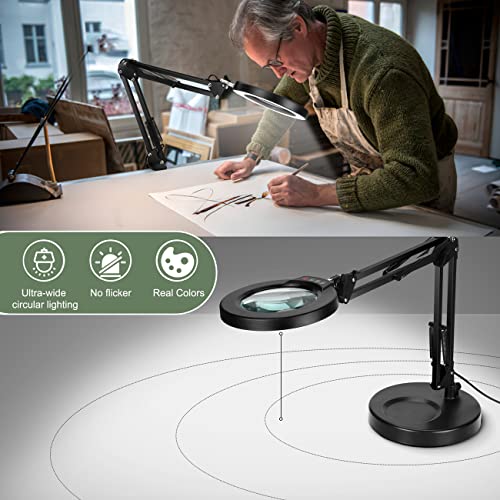 Krstlv 5X Magnifying Glass with Light and Stand, Upgrade Button 5 Color Modes Stepless Dimmable, 2-in-1 LED Lighted Magnifier Light, Hands Free Desk Lamp with Clamp for Craft Hobby Reading Close Work