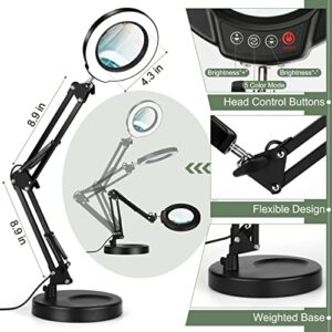 Krstlv 5X Magnifying Glass with Light and Stand, Upgrade Button 5 Color Modes Stepless Dimmable, 2-in-1 LED Lighted Magnifier Light, Hands Free Desk Lamp with Clamp for Craft Hobby Reading Close Work