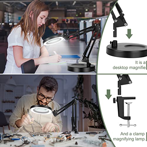 Krstlv 5X Magnifying Glass with Light and Stand, Upgrade Button 5 Color Modes Stepless Dimmable, 2-in-1 LED Lighted Magnifier Light, Hands Free Desk Lamp with Clamp for Craft Hobby Reading Close Work