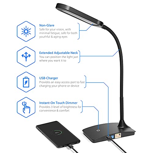 TW Lighting IVY20-40BK Ivy LED Desk Lamp with USB Port for Home Office - Super Bright Small Desk Lamp, a Perfect LED Desk Light as Study Lamp, Bedside Reading Lights (Black)