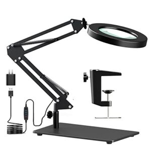 10x magnifying glass with light and stand, hitti 2-in-1 led lighted magnifier large base & clamp, 3 color modes stepless dimmable magnifying lamp, adjustable swing arm for repair crafts soldering