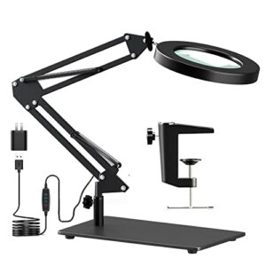 10X Magnifying Glass with Light and Stand, HITTI 2-in-1 LED Lighted Magnifier Large Base & Clamp, 3 Color Modes Stepless Dimmable Magnifying Lamp, Adjustable Swing Arm for Repair Crafts Soldering