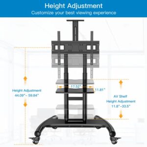 Rolling/Mobile TV Cart with Wheels for 32-75 Inch LCD LED 4K Flat Screen TVs - TV Floor Stand with Shelf Holds Up to 100 lbs, Height Adjustable Trolley Max VESA 600x400mm- PSTVMC05