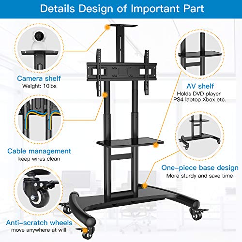 Rolling/Mobile TV Cart with Wheels for 32-75 Inch LCD LED 4K Flat Screen TVs - TV Floor Stand with Shelf Holds Up to 100 lbs, Height Adjustable Trolley Max VESA 600x400mm- PSTVMC05