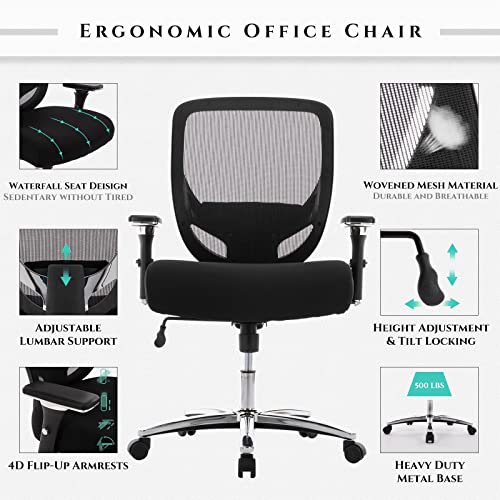 Big and Tall Office Chair 500lbs, Heavy Duty Ergonomic Mesh Chair, Computer Executive Desk Chair with Wide Thick Seat, 4D Armrests, Adjustable Lumbar Support and Tilt-Black