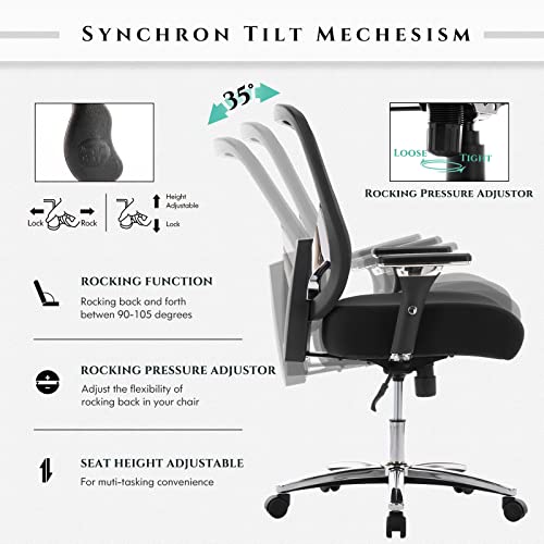 Big and Tall Office Chair 500lbs, Heavy Duty Ergonomic Mesh Chair, Computer Executive Desk Chair with Wide Thick Seat, 4D Armrests, Adjustable Lumbar Support and Tilt-Black