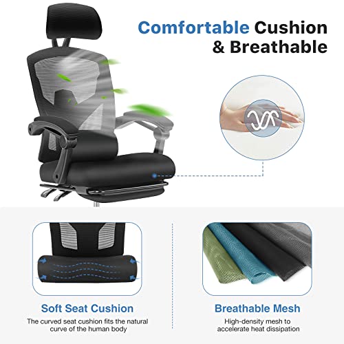 Ergonomic Office Chair, High Back Office Chair with Lumbar Pillow and Retractable Footrest, Mesh Office Chair with Padded Armrests and Adjustable Headrest, Swivel Rolling Chair, Height Adjustable