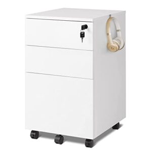 devaise 3 drawer rolling file cabinet with lock, wood under desk filing cabinet fits letter/legal/a4 size for home office, white