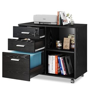 devaise 3-drawer wood file cabinet with lock, mobile lateral filing cabinet, black