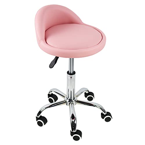 KKTONER PU Leather Round Rolling Stool with Back Rest Height Adjustable Swivel Drafting Work SPA Task Chair with Wheels Pink