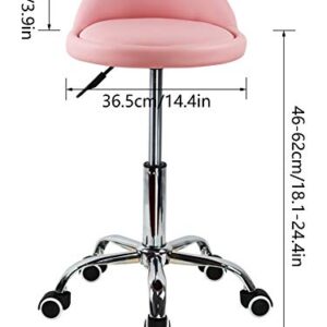 KKTONER PU Leather Round Rolling Stool with Back Rest Height Adjustable Swivel Drafting Work SPA Task Chair with Wheels Pink