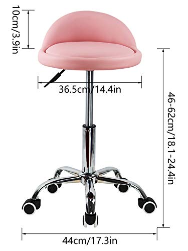 KKTONER PU Leather Round Rolling Stool with Back Rest Height Adjustable Swivel Drafting Work SPA Task Chair with Wheels Pink