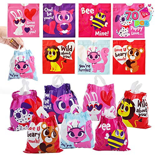 JOYIN 70 Pcs Valentine Gift Bags Drawstring Candy Bags Valentine Mini Plastic Goodie Bags for Kids Valentines Day Party Favor Supply