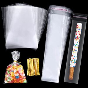 ASTARON 200 Pcs Pretzels Bags Bulk Clear Cellophane Bags for Cookies, Pretzel Bags with Ties Pretzel Rod Bags Self Adhesive for Birthday Party Treat Bags