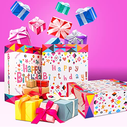 Gift Bag, 2 Pack 12.6" Happy Birthday Gift Bag for Girls Women Female Her - Pretty Birthday Bag with FREE Tissue Paper Gift Bag - Big Large Gift Bag Birthday Gift Wrap Bag with White and Pink Giltter Design for present