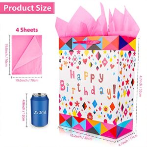 Gift Bag, 2 Pack 12.6" Happy Birthday Gift Bag for Girls Women Female Her - Pretty Birthday Bag with FREE Tissue Paper Gift Bag - Big Large Gift Bag Birthday Gift Wrap Bag with White and Pink Giltter Design for present