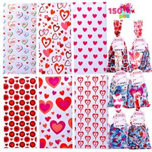 joyin 150 pcs valentine’s day cellophane gift bag with gift tag, candy bag with 6 valentine’s themed designs for kids party favor, classroom exchange prizes,valentine’s goody bag