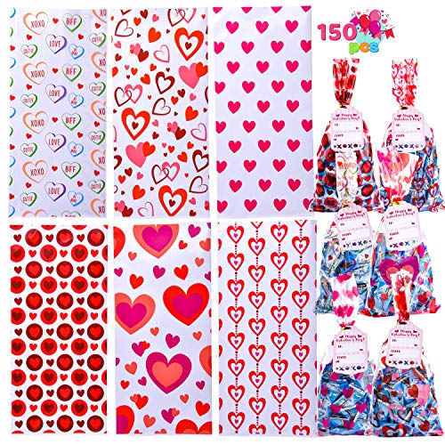 JOYIN 150 Pcs Valentine's Day Cellophane Gift Bag with Gift Tag, Candy Bag with 6 Valentine’s Themed Designs for Kids Party Favor, Classroom Exchange Prizes,Valentine’s Goody Bag