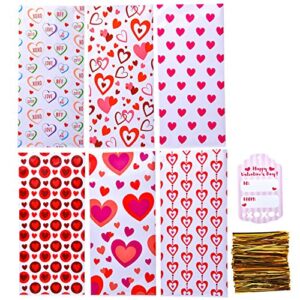 JOYIN 150 Pcs Valentine's Day Cellophane Gift Bag with Gift Tag, Candy Bag with 6 Valentine’s Themed Designs for Kids Party Favor, Classroom Exchange Prizes,Valentine’s Goody Bag