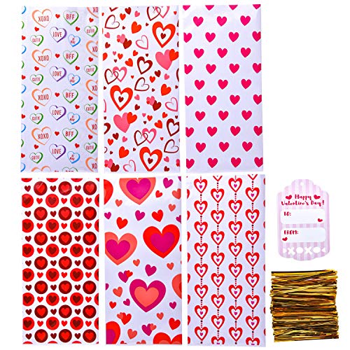 JOYIN 150 Pcs Valentine's Day Cellophane Gift Bag with Gift Tag, Candy Bag with 6 Valentine’s Themed Designs for Kids Party Favor, Classroom Exchange Prizes,Valentine’s Goody Bag