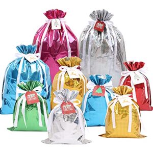 mamunu 15pcs christmas drawstring gift bags, assorted sizes solid color goodie bags christmas wrapping bags with drawstring ribbons and tags, for holiday birthday christmas party (15)