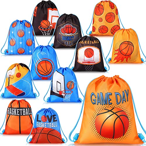 12 Pieces Basketball Party Favor Sports Drawstring Present Bags Travel Basketball Goodie Bags 12 Styles Backpack Basketball Candy Bags Gym Drawstring Bags for Party Gym Workout Supplies