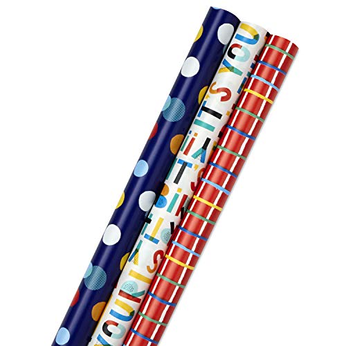 Hallmark Birthday Wrapping Paper Bundle with Cut Lines on Reverse (3-Pack: 55 sq. ft. ttl.) Bright and Holographic Prints and Patterns in Red, Blue, Yellow, White and More