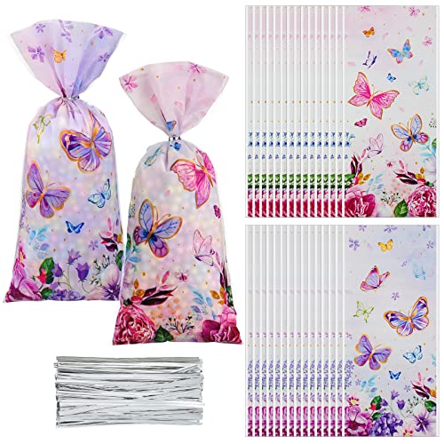 100 PCS Butterfly Cellophane Bags Butterfly Gift Treat Bag Goodie Candy Bags with 150 Ties Fairy Butterfly Birthday Party Decorations Supplies for Fairy Butterfly Theme Baby Shower Party Serves