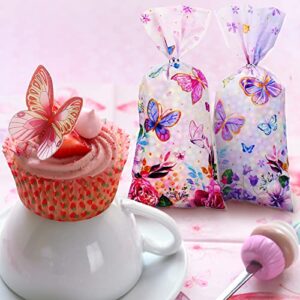 100 PCS Butterfly Cellophane Bags Butterfly Gift Treat Bag Goodie Candy Bags with 150 Ties Fairy Butterfly Birthday Party Decorations Supplies for Fairy Butterfly Theme Baby Shower Party Serves