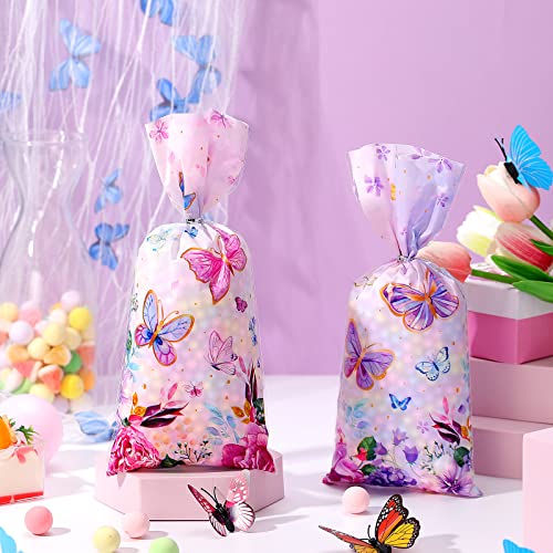 100 PCS Butterfly Cellophane Bags Butterfly Gift Treat Bag Goodie Candy Bags with 150 Ties Fairy Butterfly Birthday Party Decorations Supplies for Fairy Butterfly Theme Baby Shower Party Serves