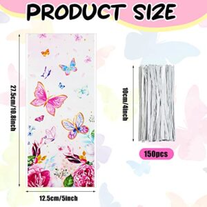 100 PCS Butterfly Cellophane Bags Butterfly Gift Treat Bag Goodie Candy Bags with 150 Ties Fairy Butterfly Birthday Party Decorations Supplies for Fairy Butterfly Theme Baby Shower Party Serves