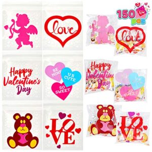 joyin 150 pcs valentine cellophane gift bags square cellophane candy bags valentine goodies bags in 6 designs for kids valentine’s day party favor supplies