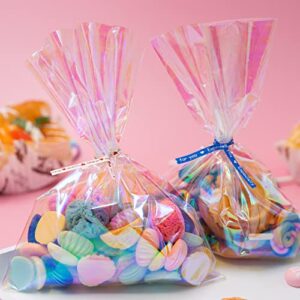 cellophane bags,100 pcs 5×7 inch cellophane treat bags, iridescent holographic candy bags, clear goodie bags with colorful twist ties for birthday party favors, halloween,christmas, weddings, baby showers